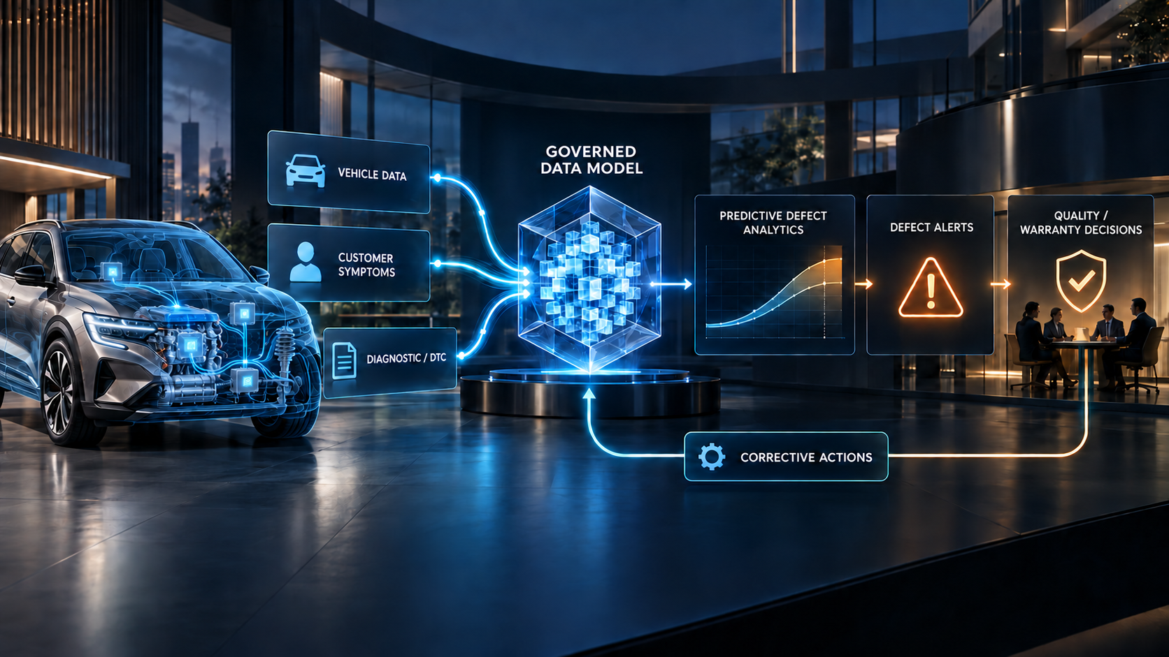 Predictive vehicle-quality flow from governed data to warranty decisions