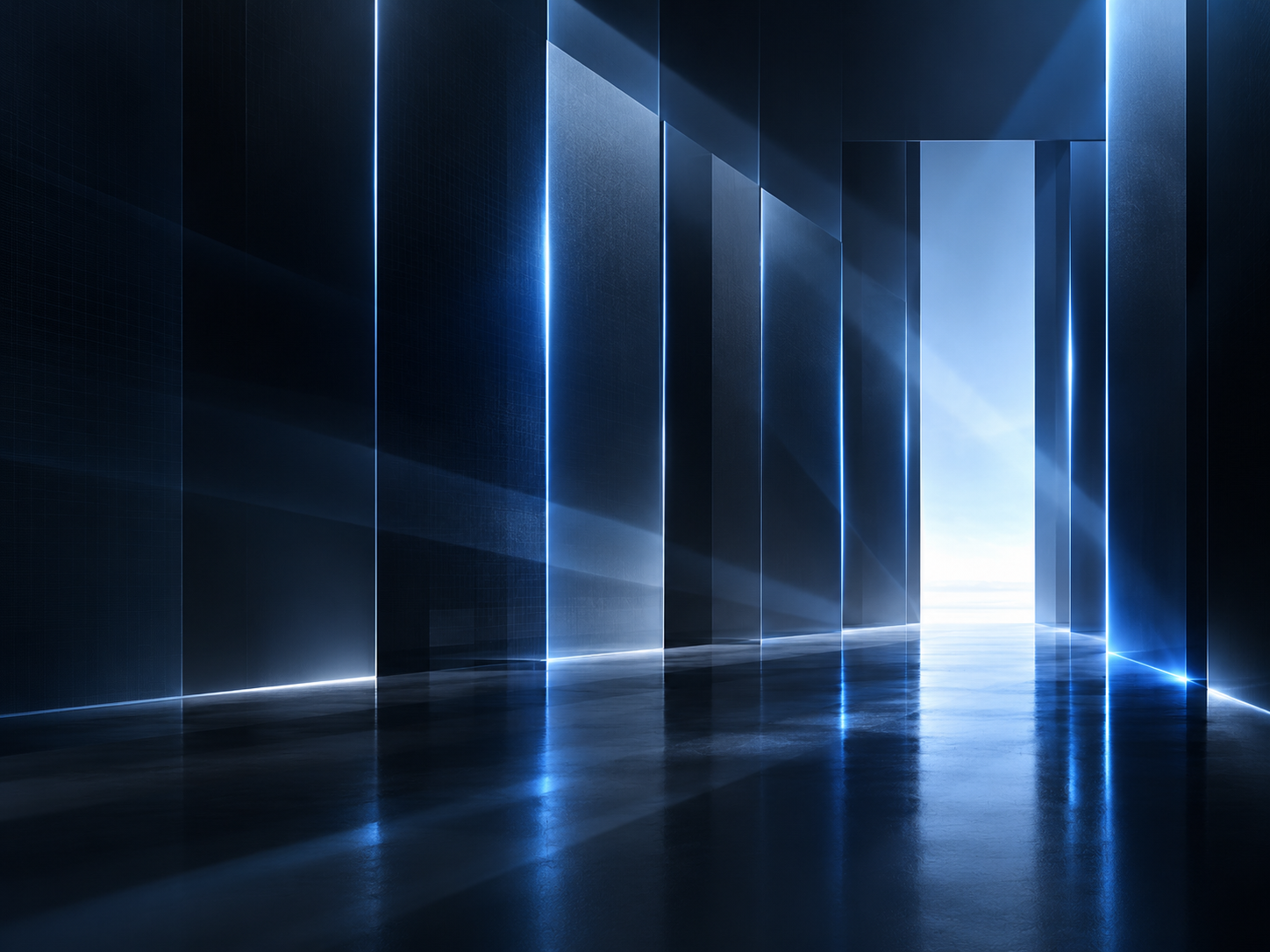 Abstract blue luminous corridor symbolising a shift into emerging technology